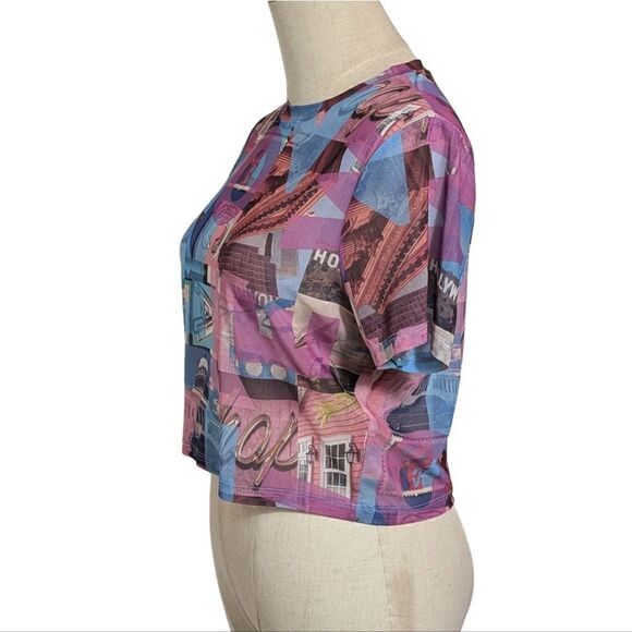 Primark Cropped Mesh Pink & Blue Hollywood Top Shirt - Picture 5 of 7
